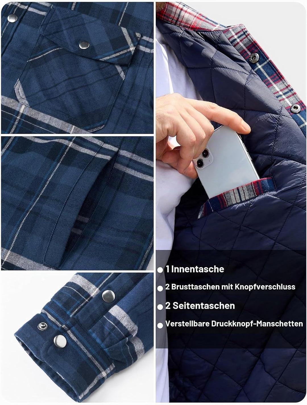TACVASEN Herren Karierte Hemdjacke Flanellhemd Holzfällerhemd Thermohemd Jacke S Blau Grau, S Blau G