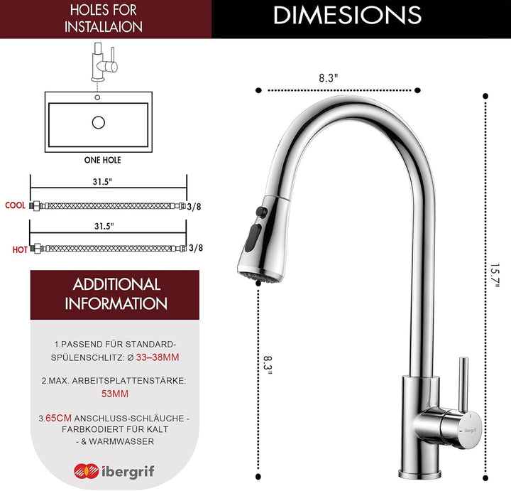 Ibergrif M22136 Wasserhahn Küche Ausziehbar Mischbatterie- Küchenarmatur Edelstahl 360° Schwenkbar,