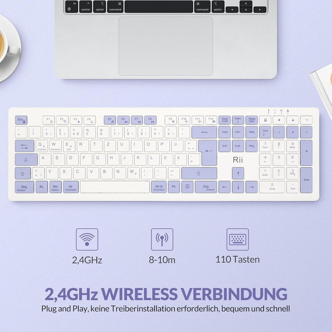 Rii Tastatur Kabellos Büro, Wireless Keyboard Office mit QWERTZ, Kabellose Tastatur Weiss mit 2.4GHz