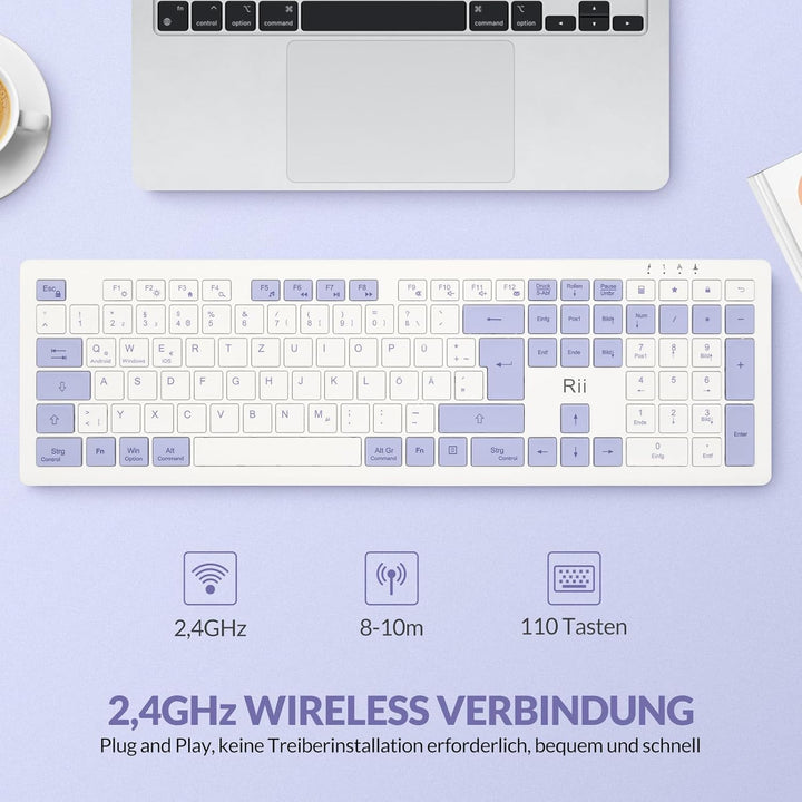 Rii Tastatur Kabellos Büro, Wireless Keyboard Office mit QWERTZ, Kabellose Tastatur Weiss mit 2.4GHz