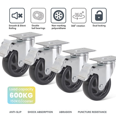 BAOLIHUI 4er Set Lenkrollen für Möbel 100MM Möbelrollen mit Bremse Schwerlastrollen 600KG Gesamtkapa