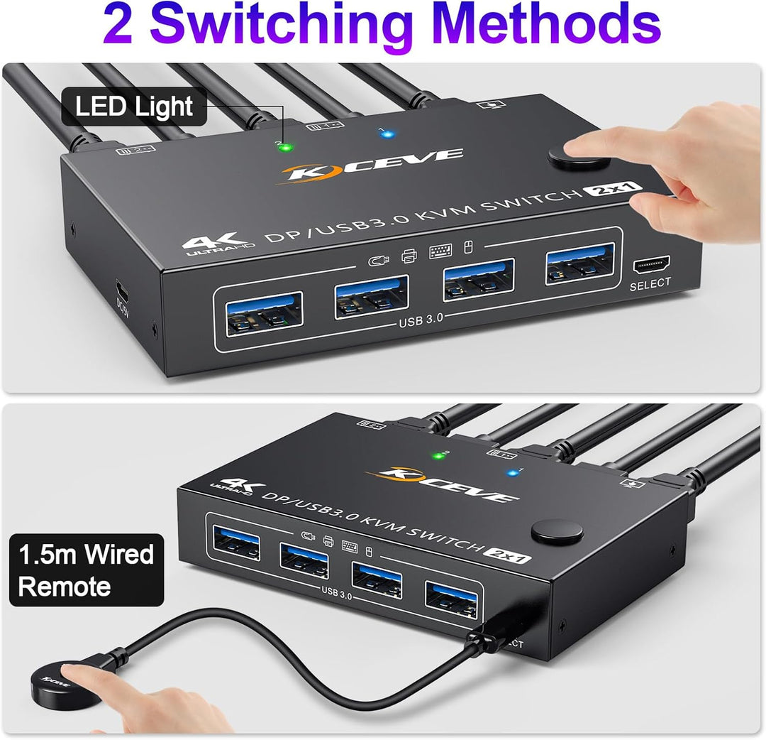 USB 3.0 KVM Switch Displayport 4K@144Hz, KVM Switch 2 PC 1 Monitor 8K@30Hz, DP KVM Switches for 2 PC