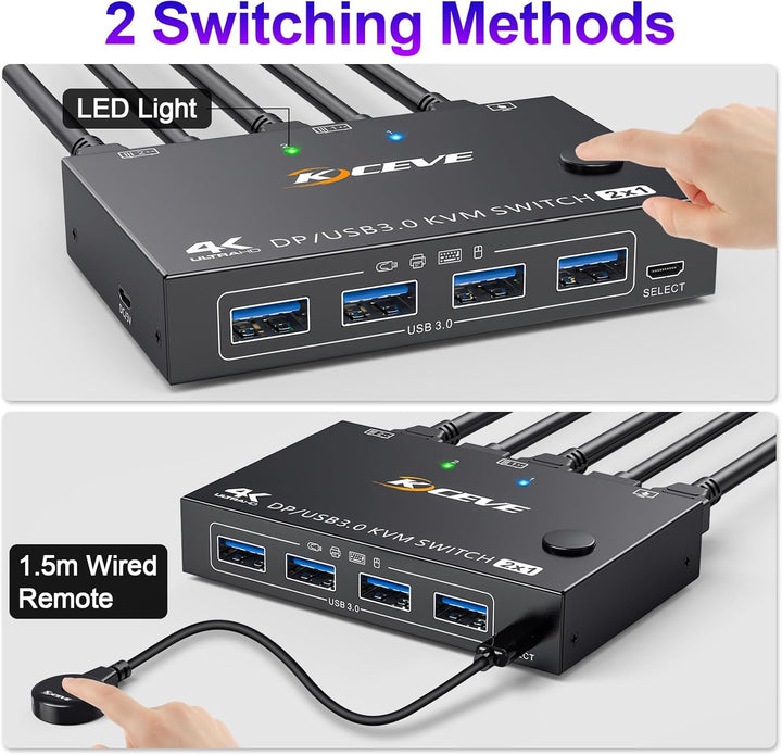 USB 3.0 KVM Switch Displayport 4K@144Hz, KVM Switch 2 PC 1 Monitor 8K@30Hz, DP KVM Switches for 2 PC