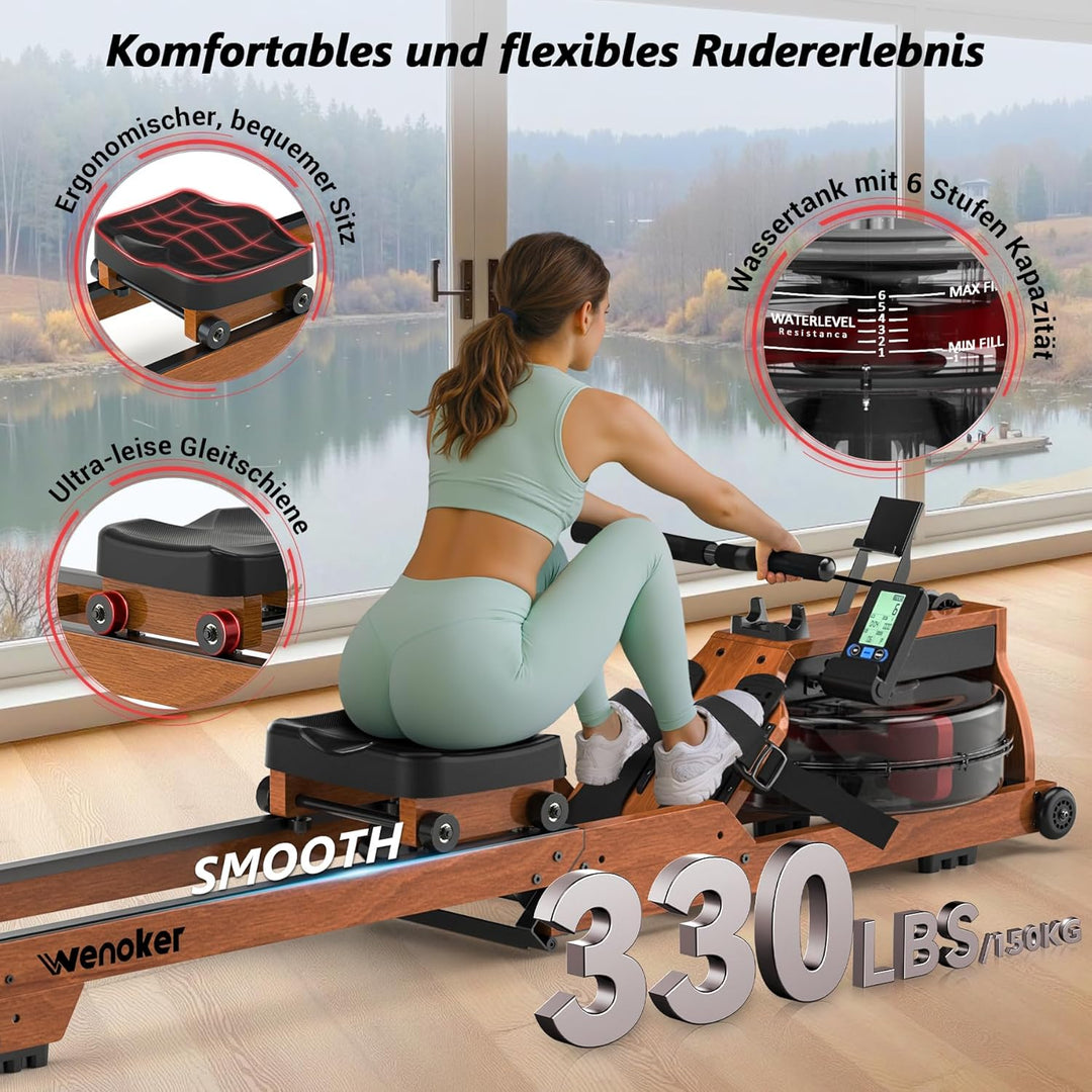 [2026 Testversion] Wenoker Wasser Rudergerät für zuhause Holz Klappbar, Komfortabler Sitz, Bluetooth