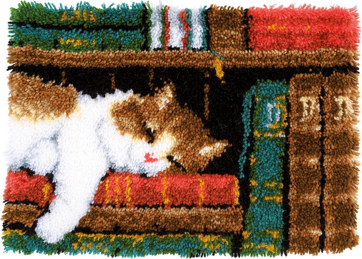 Vervaco Katze im Bücherregal Knüpfteppich, Stramin, Weiss, 53 x 39 x 0,3 cm
