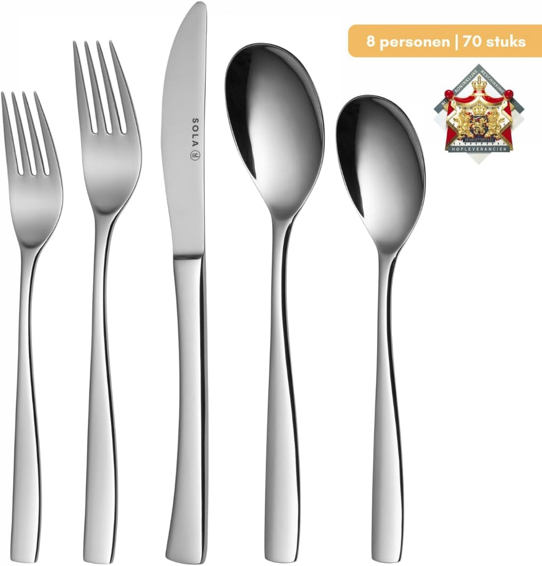 Sola Lotus Besteck Set - 8 Personen Essbesteck - 70 Teilig, 18/10 Rostfreiem Stahl - Robustes & Eleg