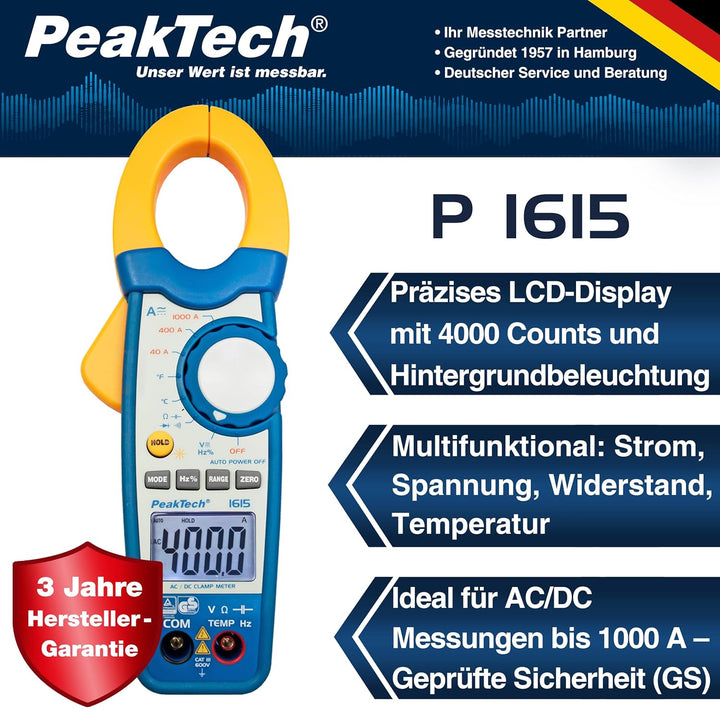 PeakTech 1615 – Zangenmessgerät 1000A AC/DC, Stromzange Multimeter, TÜV/GS, CAT III, Strommesszange,