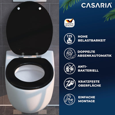 CASARIA® WC Sitz mit Absenkautomatik, Schwarz - MDF Holzkern, Anti-Bakteriell, Rostfreie Scharniere,