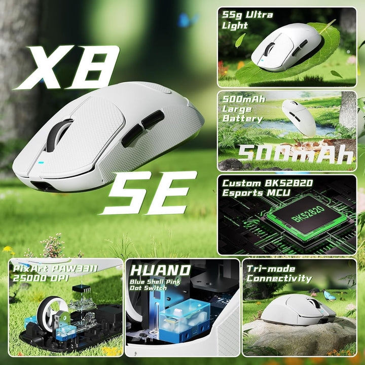 ATTACK SHARK X8 SE Kabellose Gaming-Maus, 55g Ultraleicht, PAW3311 Sensor, BK52820 Chip, 25.000 DPI,
