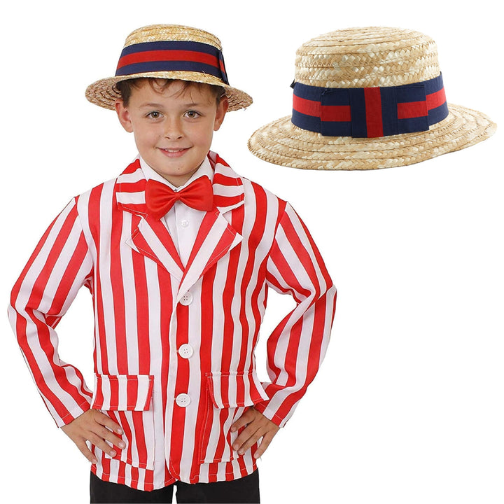 ILOVEFANCYDRESS ® KINDER ROT-WEISS-GESTREIFTER BLAZER MIT RUNDER STROHHUT MARINEBLAU UND ROT, FASCHI