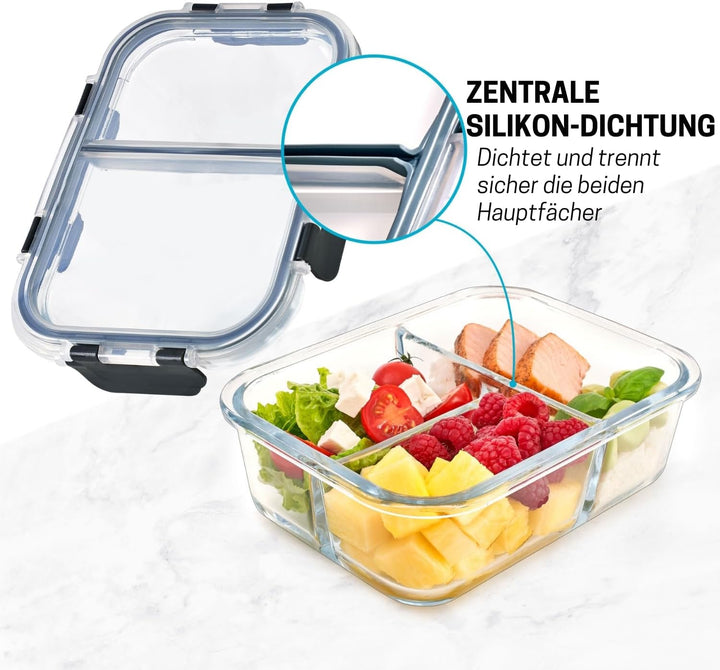 Meal Prep Container aus Glas mit 3 Fächern und Transparentem Deckel - Luftdicht Verschliessbare Fris