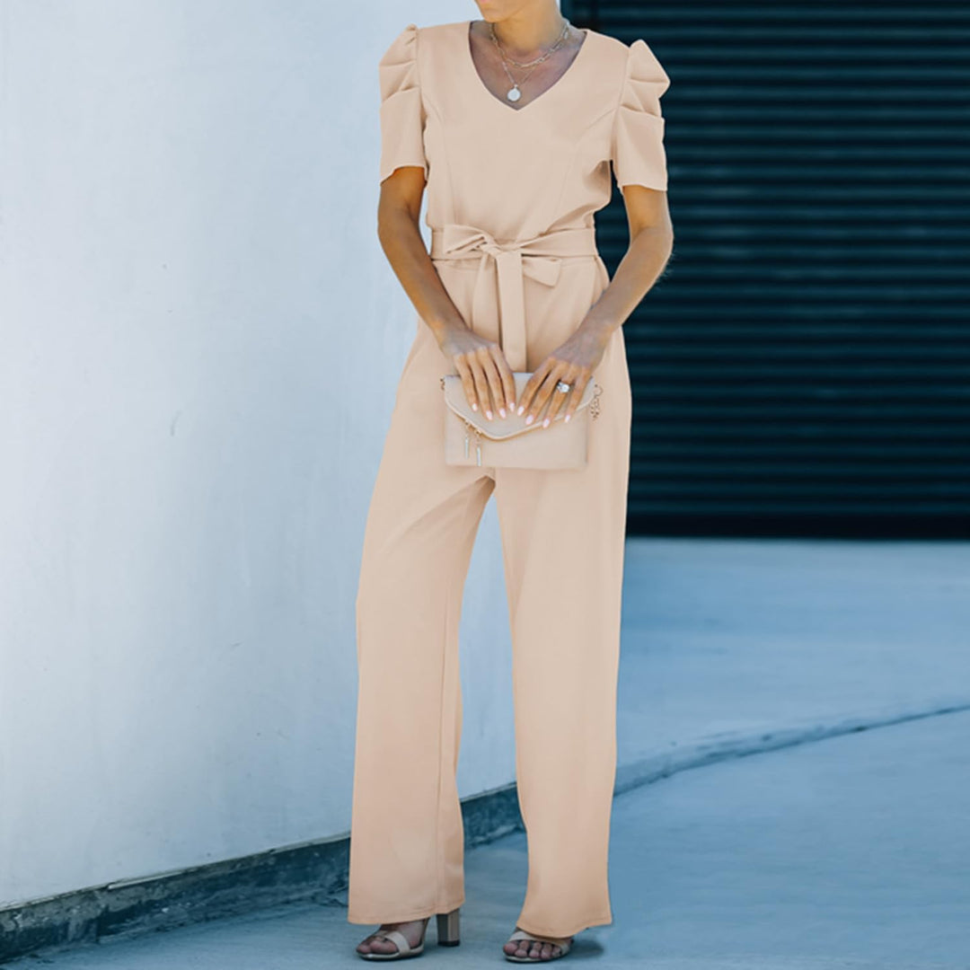 Damen Lang Jumpsuit Overall Hosenanzug Elegant Romper Kurzarm Rundhals Playsuit mit Gürtel Hosenanzu