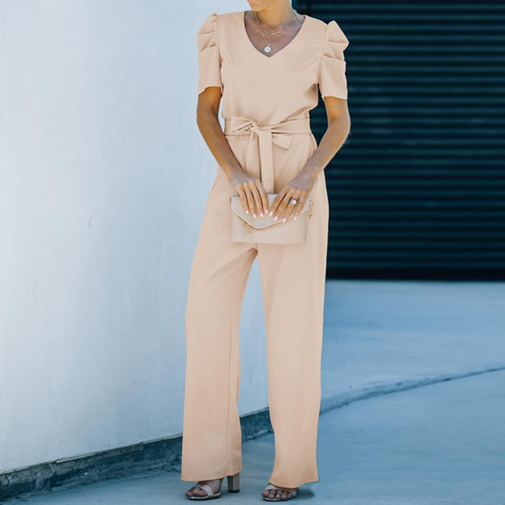 Damen Lang Jumpsuit Overall Hosenanzug Elegant Romper Kurzarm Rundhals Playsuit mit Gürtel Hosenanzu