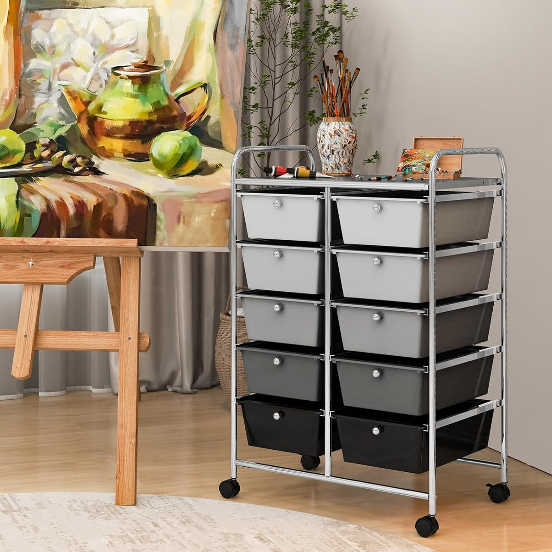GOPLUS Rollwagen mit 10 Schubladen stapelbar, Rollcontainer mit Ablage & Metallgestell, Badregal, Au