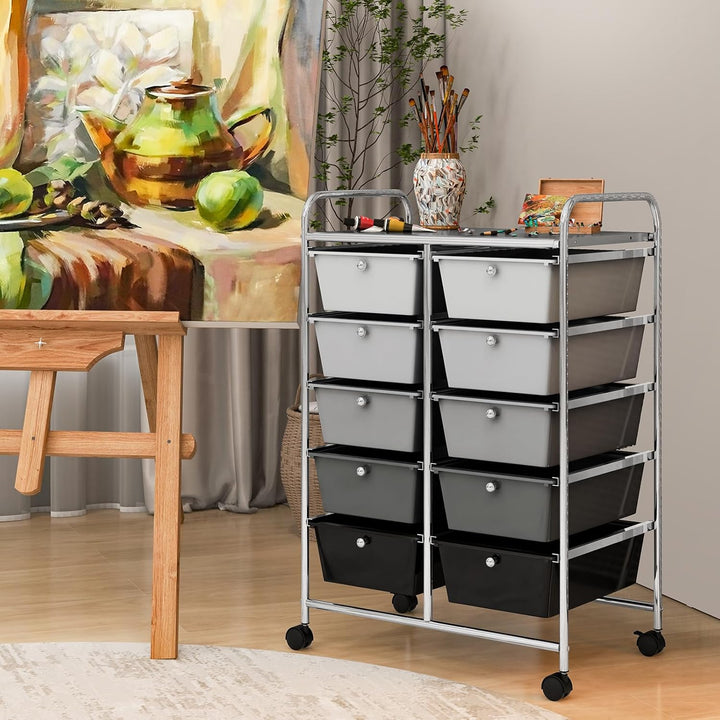 GOPLUS Rollwagen mit 10 Schubladen stapelbar, Rollcontainer mit Ablage & Metallgestell, Badregal, Au