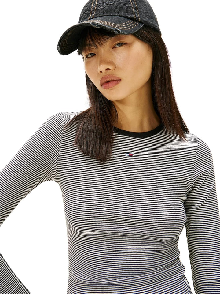 Tommy Jeans Damen Langarmshirt Slim Fit Essential aus Baumwolle XXS Black (Black/ Ecru Stripe), XXS