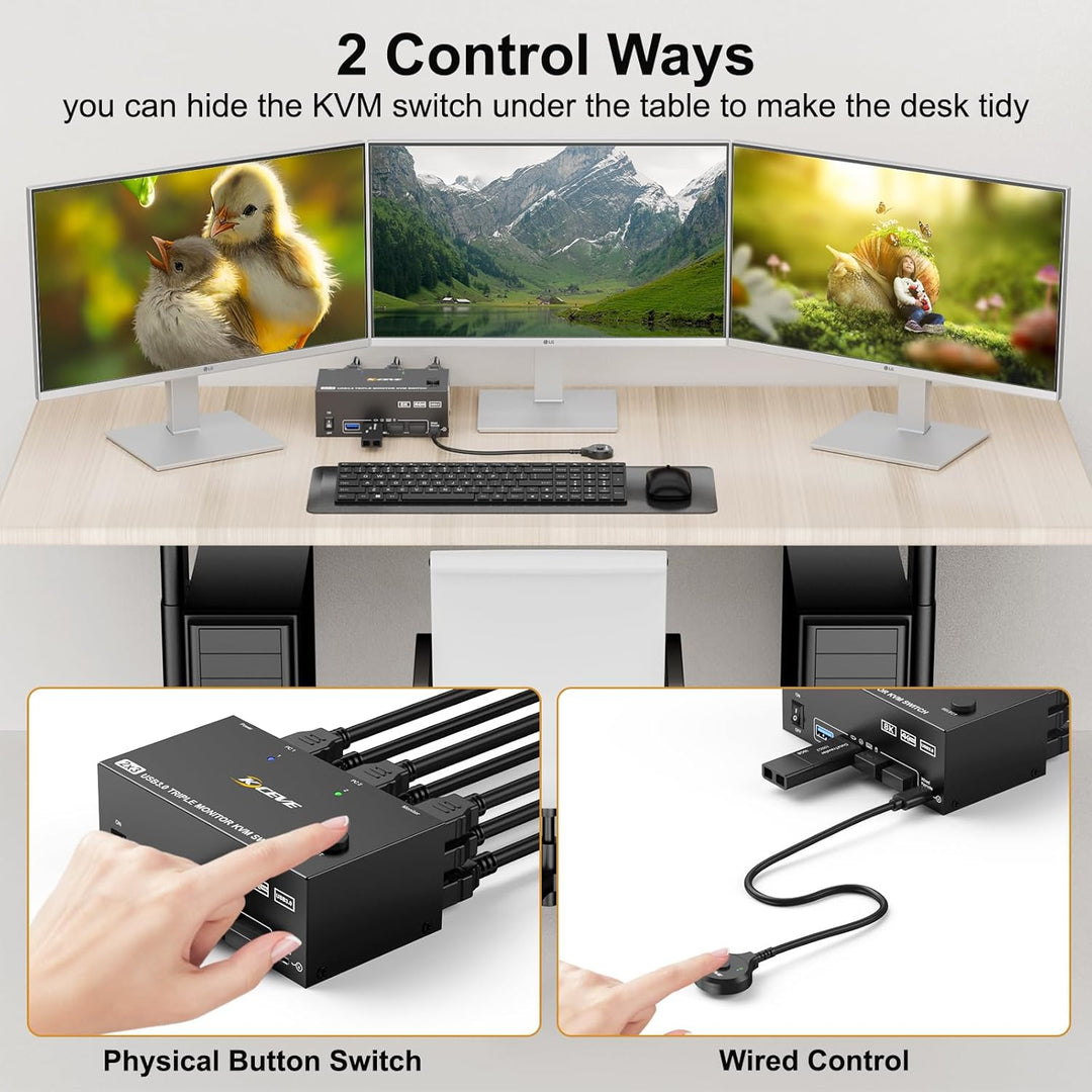 KVM Switch 2 PC 3 Monitore, KCEVE 2 HDMI + 1 DisplayPort KVM Umschalter, USB 3.0 8K@30Hz/4k@144Hz Dr