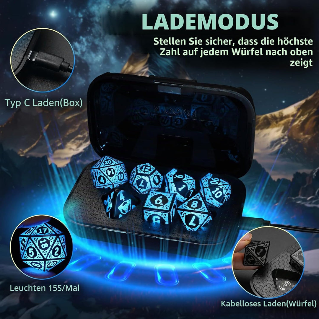 ZHOORQI DND Würfel Set, 7 Pcs LED Dice Wiederaufladbar mit Ladebox, Dungeons and Dragons Würfelset P