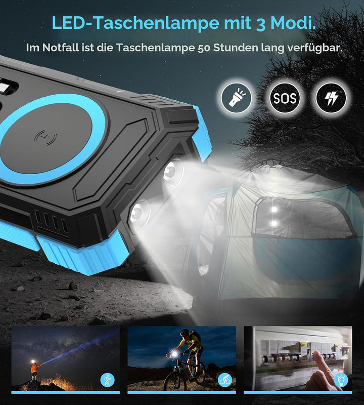 56800mAh Solar Powerbank, Wireless Power Bank gross mit 4 Kabeln, 30W PD Schnellladefunktion, 6 Ausg
