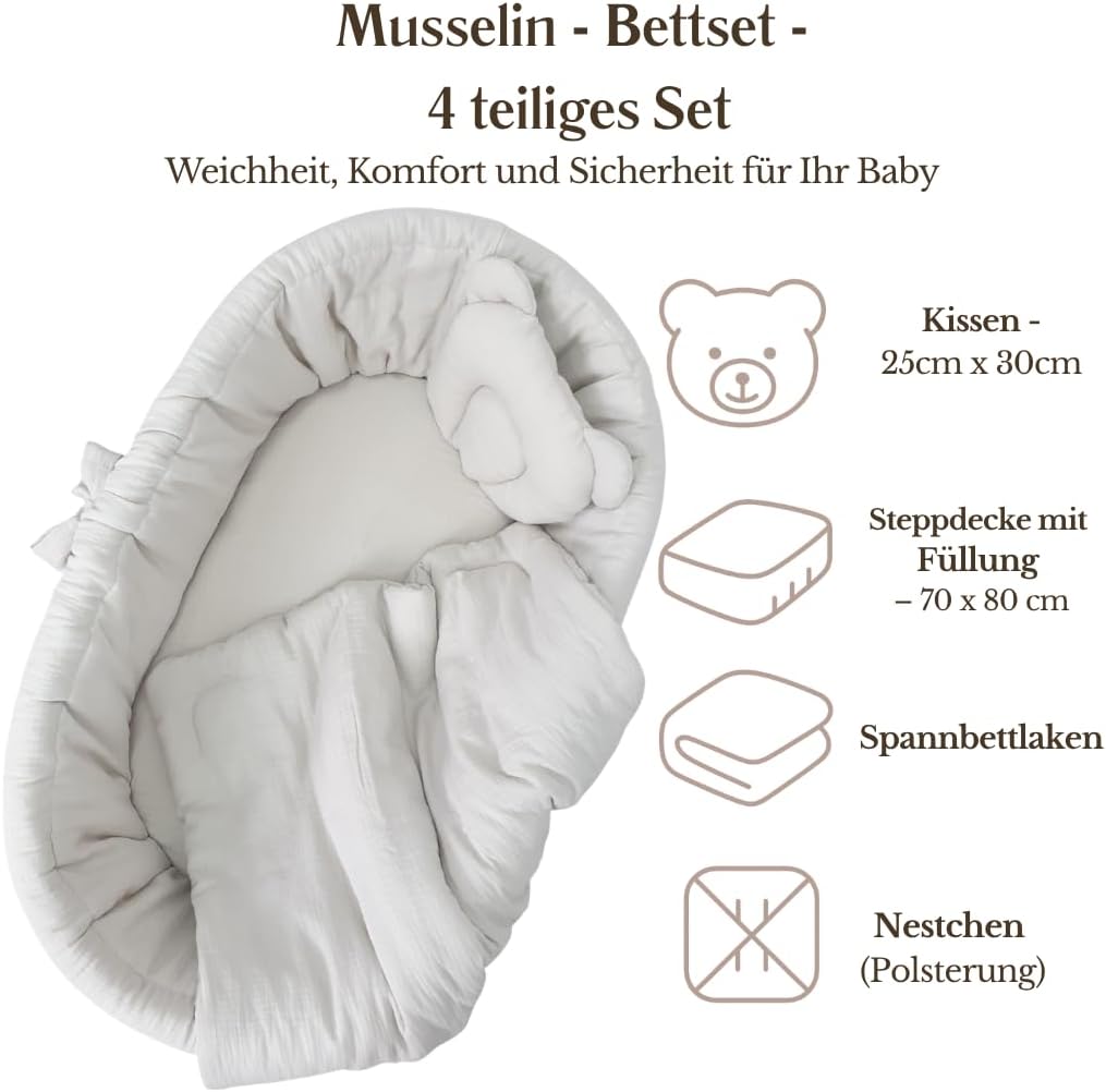 Wiklinopol Stubenwagen aus Weide mit Gestell & Matratze Amelia – Moseskorb in Grau – Set Musselin-Be
