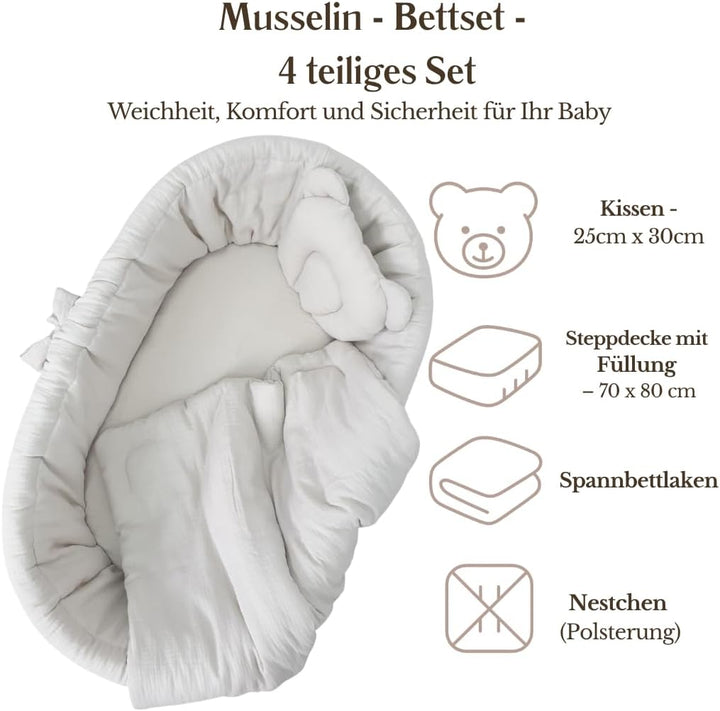 Wiklinopol Stubenwagen aus Weide mit Gestell & Matratze Amelia – Moseskorb in Grau – Set Musselin-Be