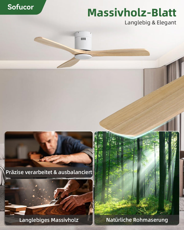 Sofucor Deckenventilator mit Fernbedienung, Deckenventilator aus Massivholz mit 3 Holzlüfterblätter,