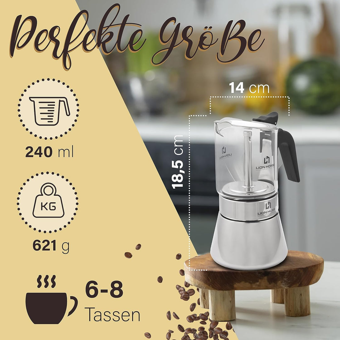 LION HOME Espressokocher | Glas &amp; Edelstahl Design für 6 Tassen | Inkl. Kork-Untersetzer | Für alle