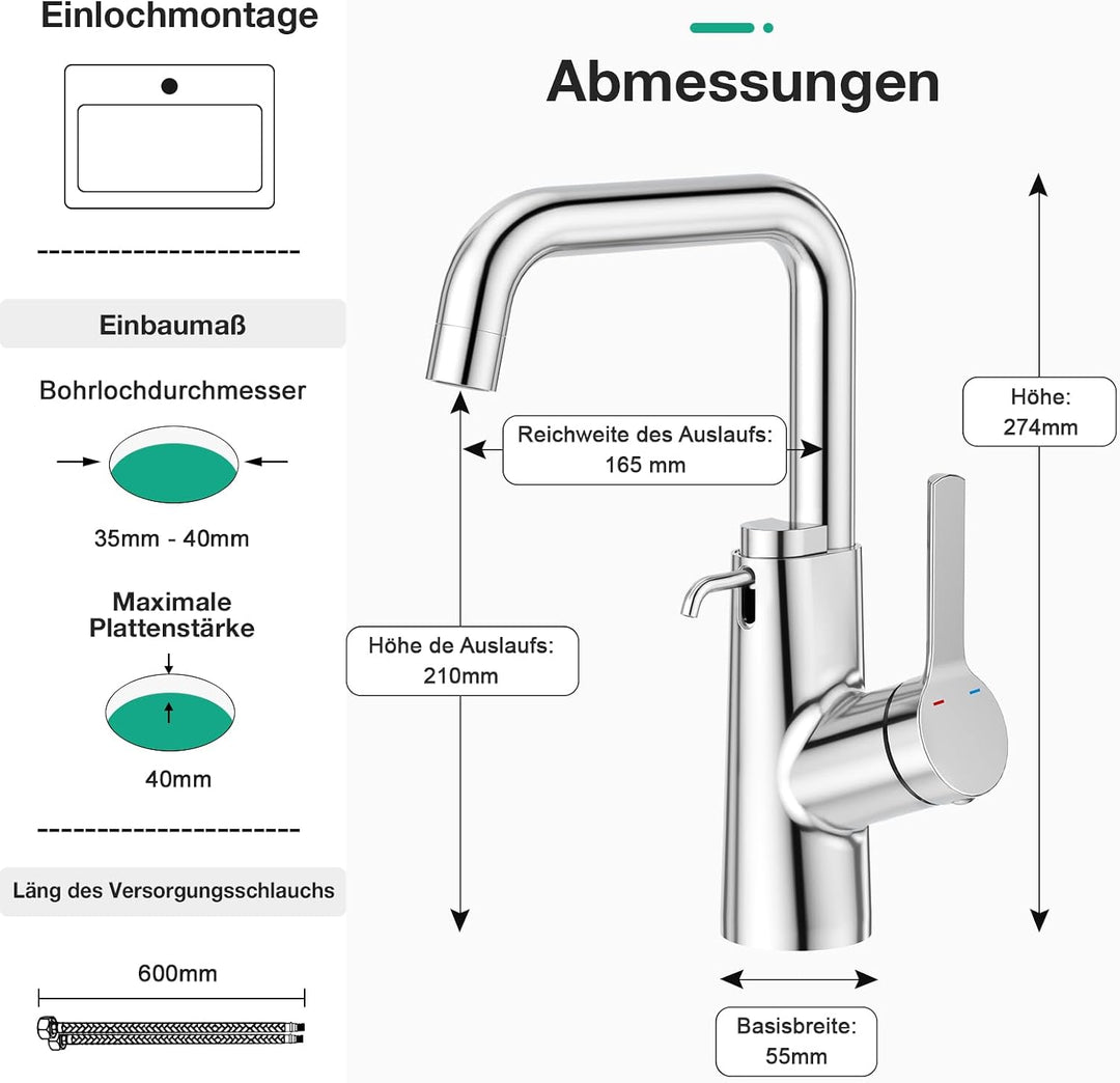 Faustina Waschtischarmatur Bad für Waschbecken mit Seifenspender, Einhebelmischer Waschtisch Armatur