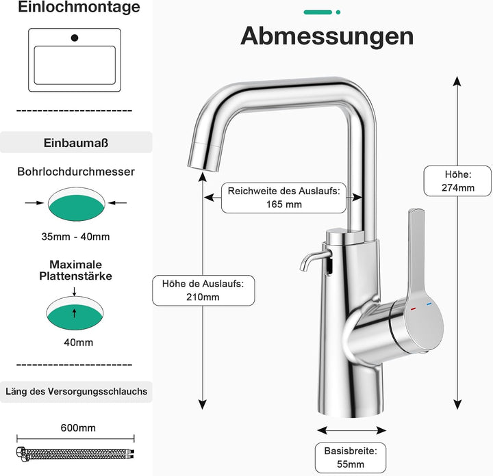 Faustina Waschtischarmatur Bad für Waschbecken mit Seifenspender, Einhebelmischer Waschtisch Armatur