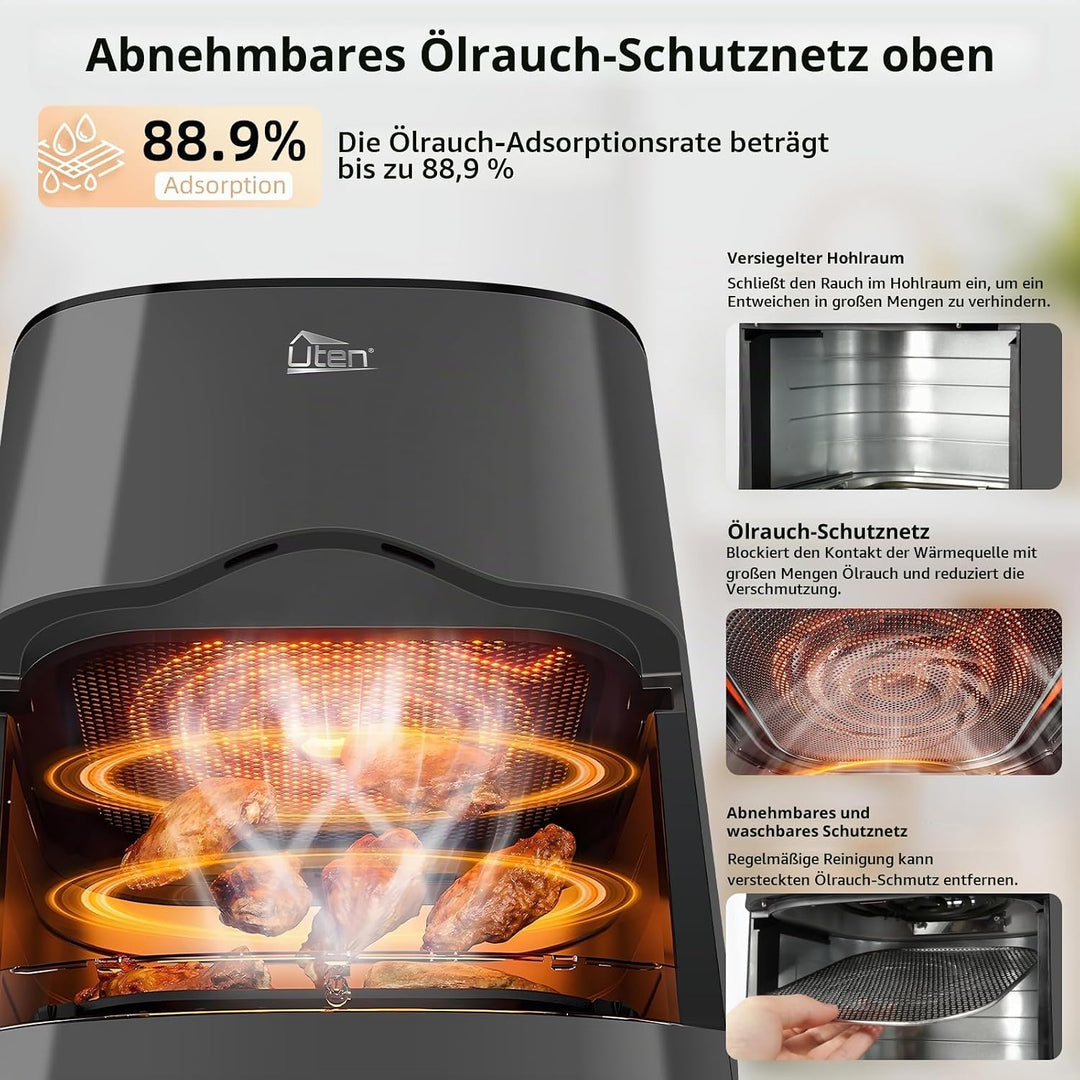 Uten Dual Blaze Heissluftfritteuse 5,5 L mit Sichtfenster, XXL Frittieren Fett, Farbbildschirm, 14 P
