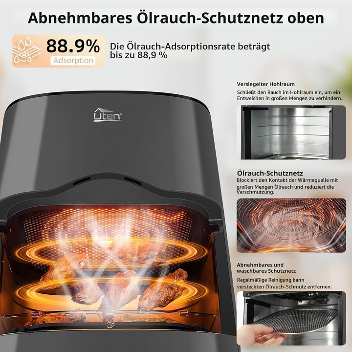 Uten Dual Blaze Heissluftfritteuse 5,5 L mit Sichtfenster, XXL Frittieren Fett, Farbbildschirm, 14 P