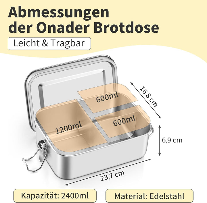 Onader Edelstahl Brotdose mit Fächern, 2400ml Gross Bento Box Lunchbox mit Abnehmbar Trennwand, Meta