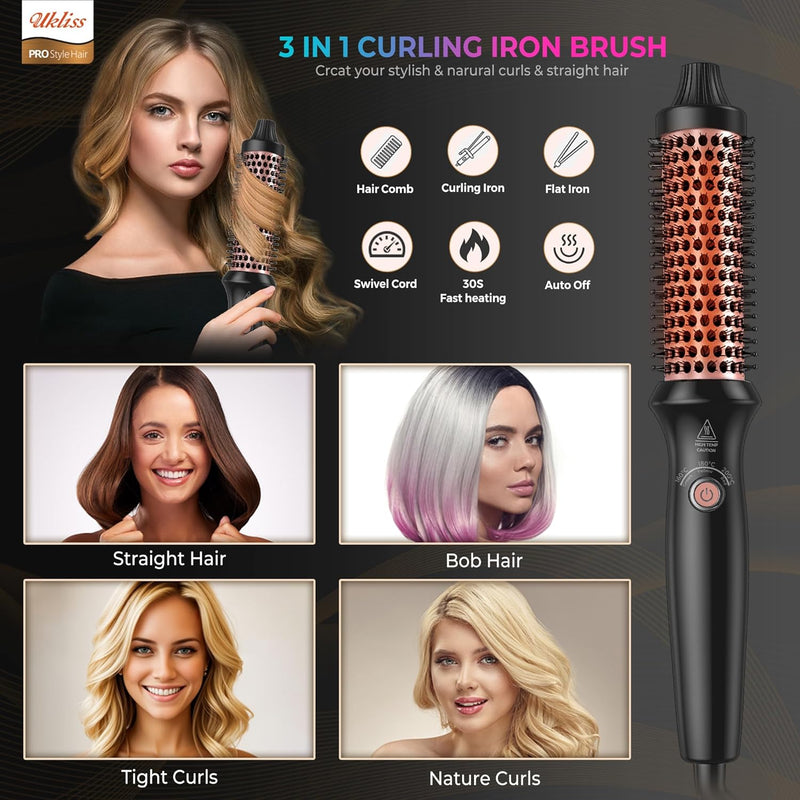 Thermal Brush 32mm, UKLISS Elektrische Haarbürste, 3 in 1 Stylingbürsten mit Lockenbürste Hot Comb H