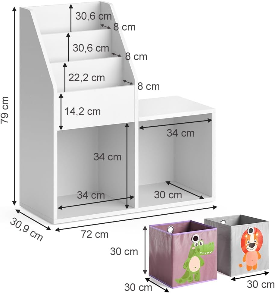 Vicco Kinderregal Luigi, Weiss, 30.9 x 79 cm Mini, mit 2 Faltboxen Opt.3, zur Aufbewahrung von Spiel
