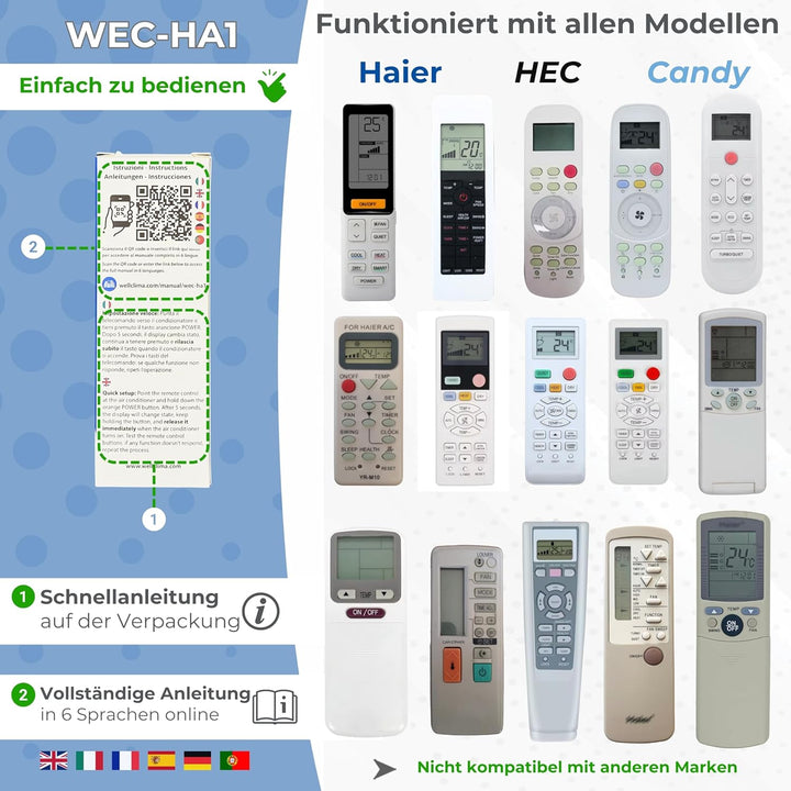Wellclima WEC-HA1 Fernbedienung für Klimaanlagen für Haier, für HEC, für Candy, Umfangreicher als Un