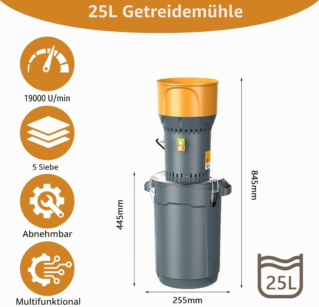 Elektrische Getreidemühle 1300W, 25L Maismühle Maschine mit 5 Feinheitssieben, abnehmbarem Trichter