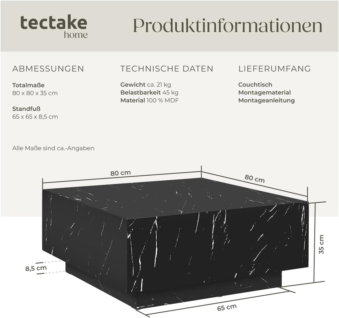 tectake® Couch Tisch, Room Decor in Marmor Optik, Tisch Wohnzimmer, moderner Couchtisch, Beistelltis