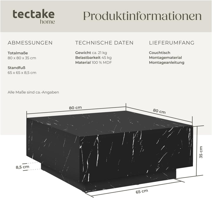 tectake® Couch Tisch, Room Decor in Marmor Optik, Tisch Wohnzimmer, moderner Couchtisch, Beistelltis
