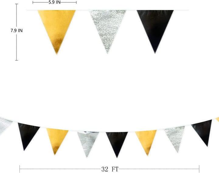 32Ft Schwarz Gold Silber Stoff Dreieck Banner Flagge Doppelseitig Metallic Holographische Wimpel Gir