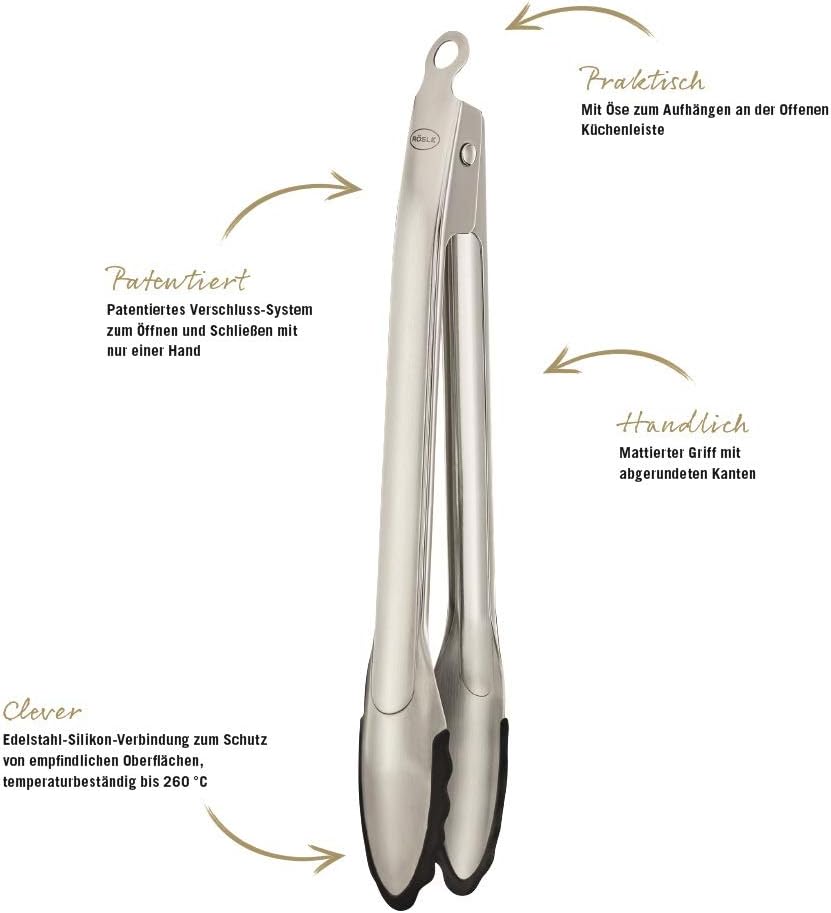 RÖSLE Gourmetzange Silikon, Hochwertige Küchenzange mit Silikonrand und patentiertem Verschlusssyste