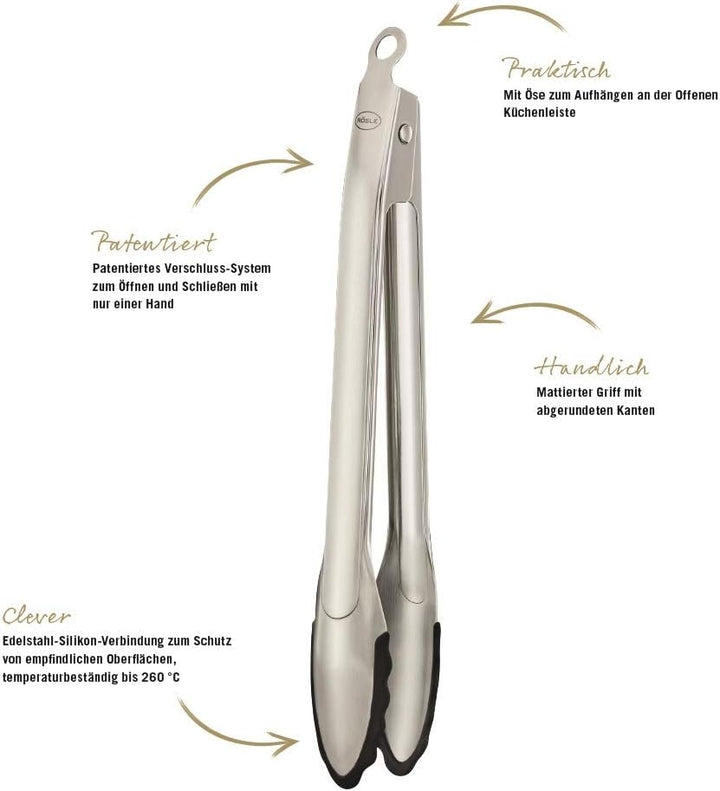 RÖSLE Gourmetzange Silikon, Hochwertige Küchenzange mit Silikonrand und patentiertem Verschlusssyste