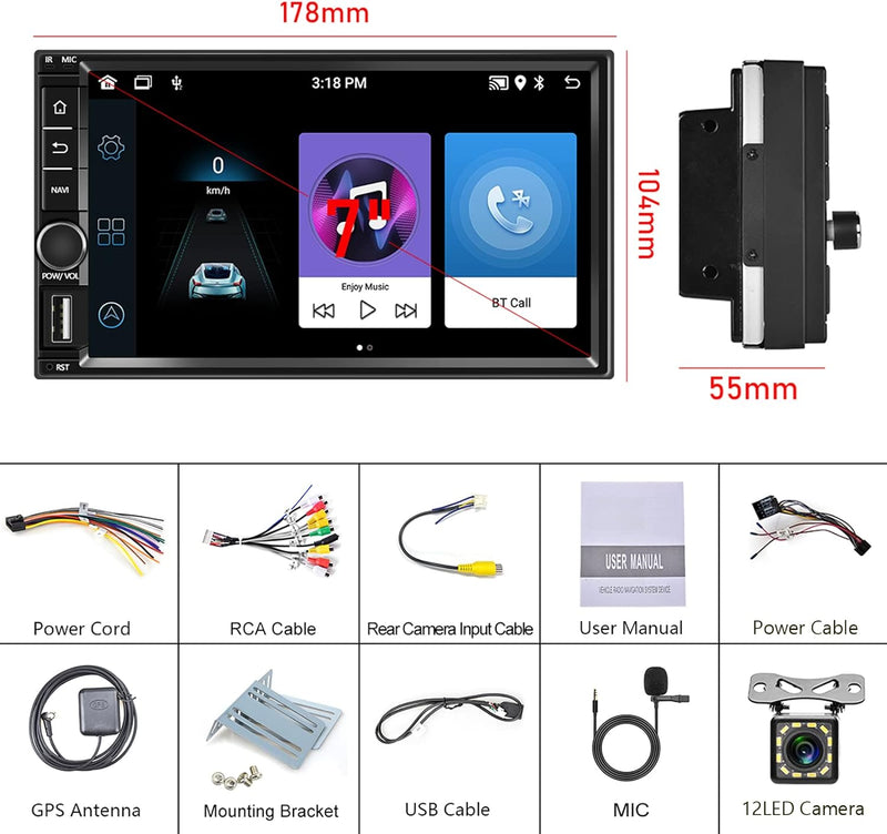 2GB+32GB Android 11 Autoradio Doppel Din 7 Zoll Touchscreen Bildschirm GPS-Navigation, WiFi, Bluetoo