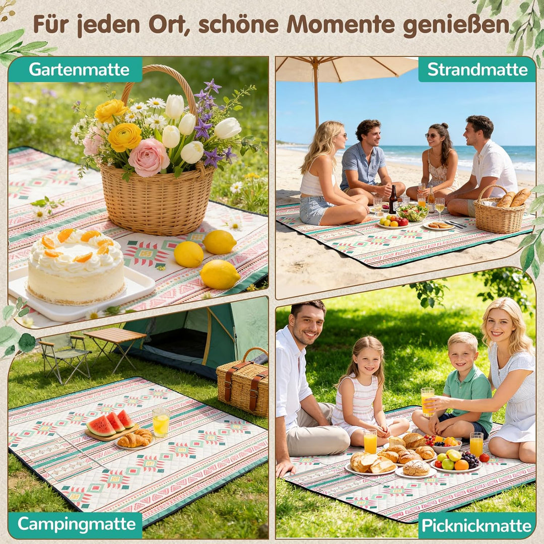 Ulikey Picknickdecke, 200 x 200 cm Stranddecke Sandfrei, Boho Picknickdecke Wasserdicht Isoliert, Tr