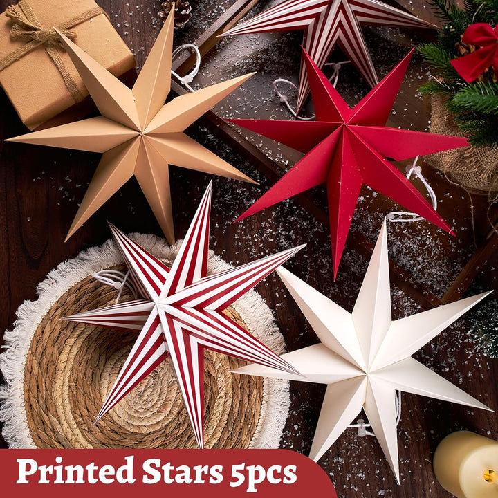 Weihnachts Papiersterne Ornamente Set - 5 Stück 3D Faltbare Hängende Sterne in Rot, Weiss, Braun und