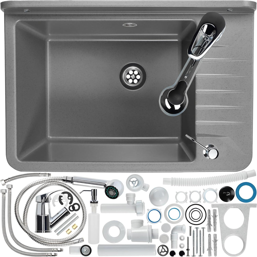 GOSPO Ausgussbecken aus Polypropylen, 50,5 x 34 x 26,5 cm, Spülbecken mit Armatur, Siphon, Seifenspe