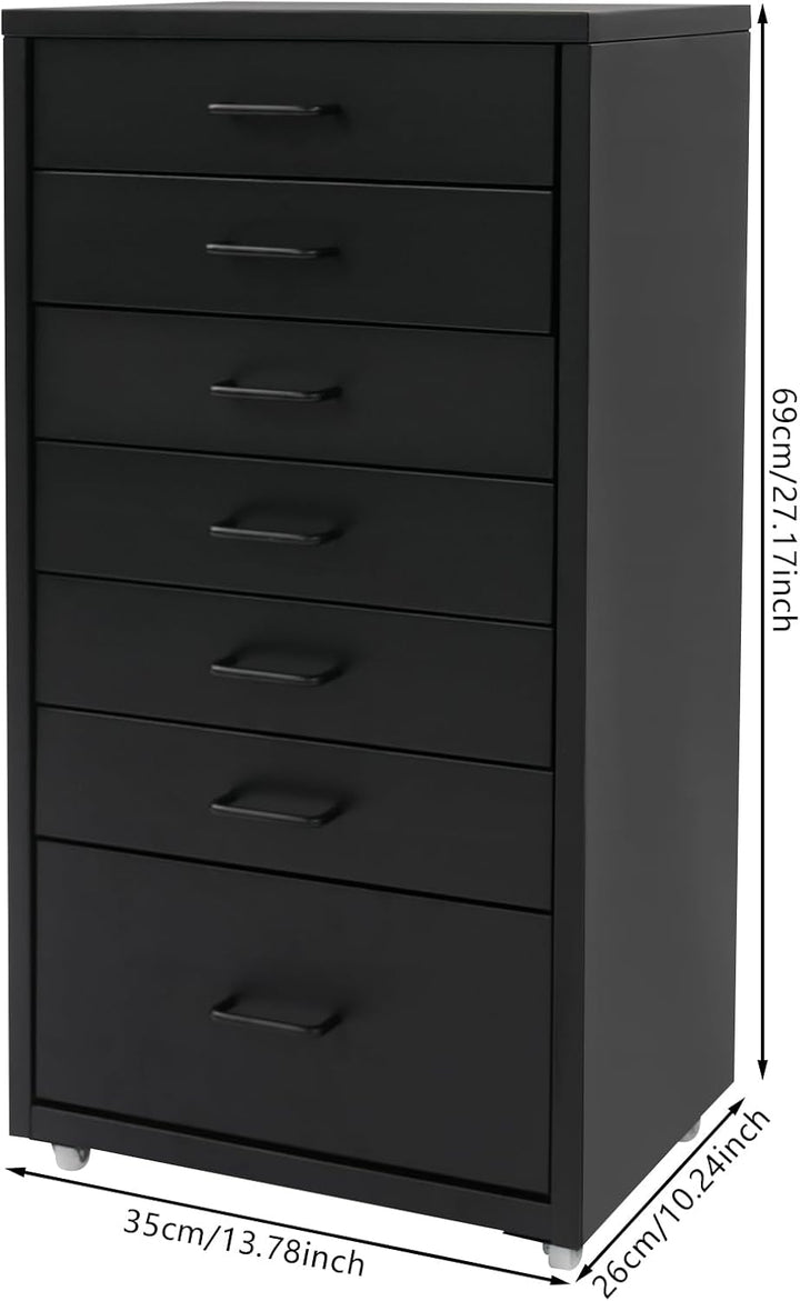 Rollcontainer Metall 7 Schubladen Aktenschrank Schwarz, Schwarz
