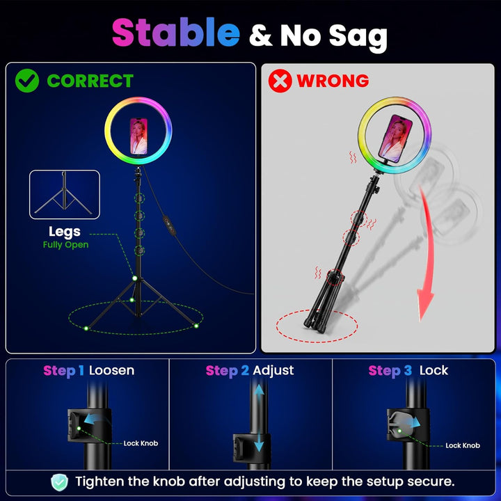 PEYOU 12"/186 cm Selfie Ringlicht mit Stativ Handy,【3-in-1】 Ring Light mit（Tischstativ） 48 RGB-Modi,