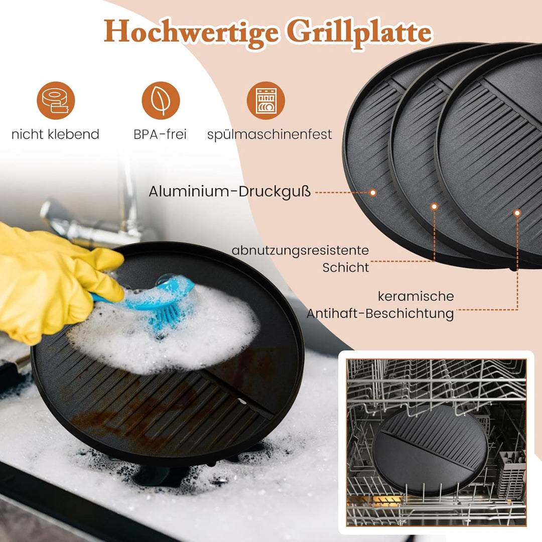 GOPLUS Elektrogrill für Balkon, Standgrill mit einstellbarer Temperatur, 2-Zonen Antihaftplatte, sta