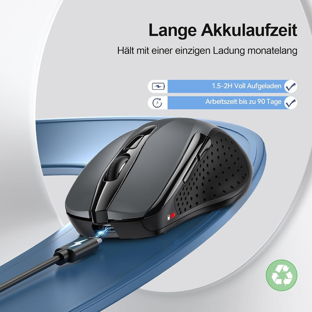 TECKNET Bluetooth Maus mit Jiggler, Wiederaufladbare Maus Kabellos(DREI Modi: BT 5.0/3.0 + 2.4G), 48