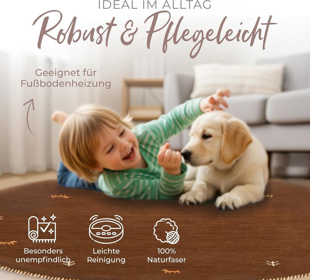 carpetfine Wollteppich Gabbeh Uni Rund Braun Ø 80 | Moderner Teppich für Wohn- und Schlafzimmer Ø 80